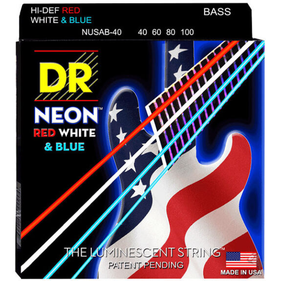 מיתרים צבעוניים לגיטרה בס 40-100 DR NUSAB40 NEON USA Flag Red White & Blue Bass Strings