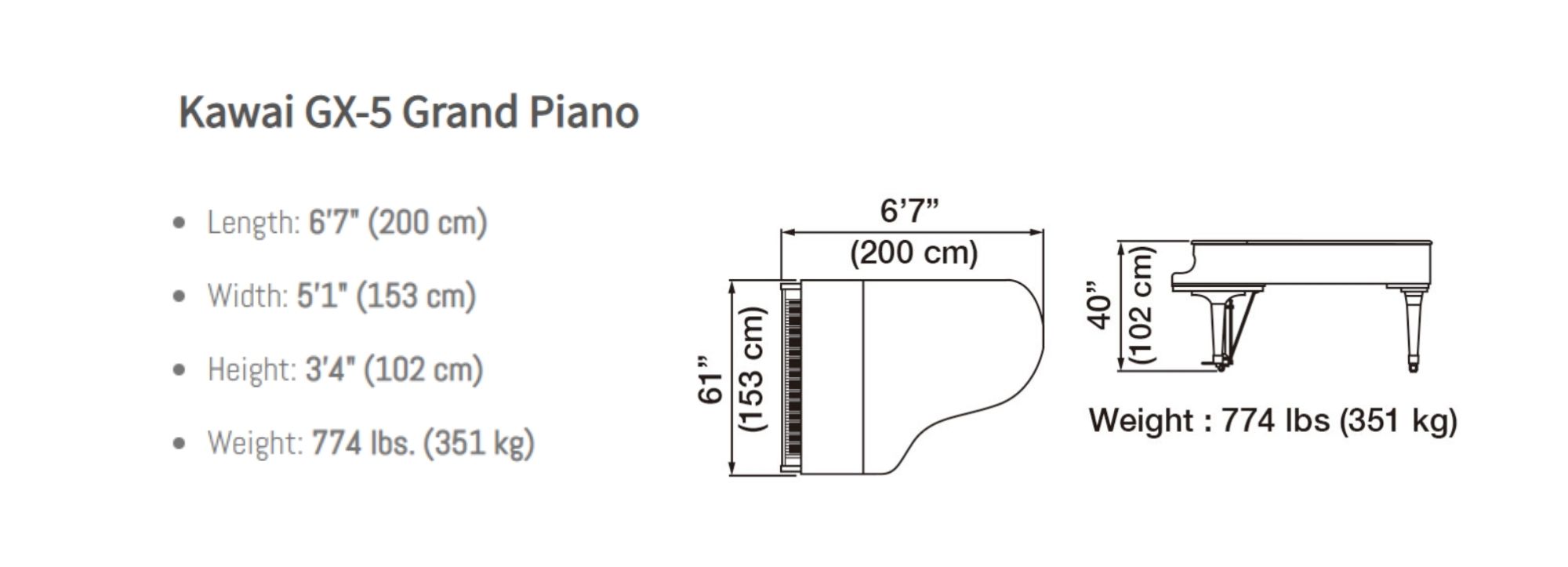 פסנתר כנף Kawai GX 5 - מידות